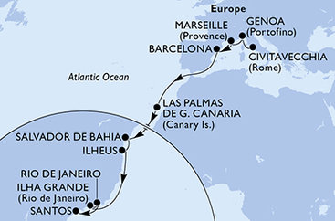 Itálie, Francie, Španělsko, Brazílie z Civitavecchia na lodi MSC Divina