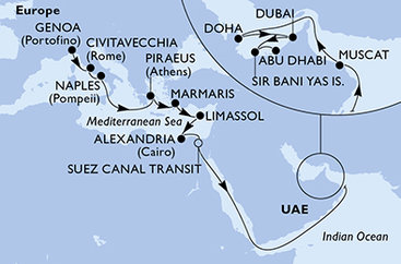 Itálie, Řecko, Turecko, Kypr, Egypt, Omán, Katar, Spojené arabské emiráty z Janova na lodi MSC World Europa
