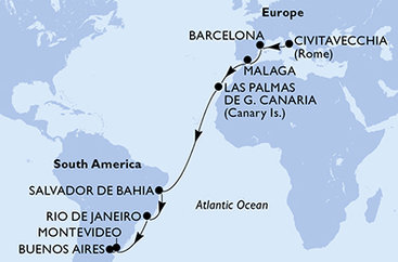 Itálie, Španělsko, Brazílie, Uruguay, Argentina z Civitavecchia na lodi MSC Splendida