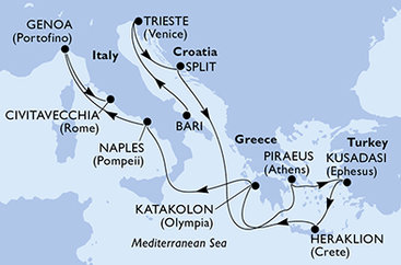 Itálie, Chorvatsko, Řecko, Turecko z Bari na lodi MSC Splendida