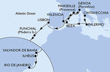 Itálie, Španělsko, Francie, Portugalsko, Brazílie z Civitavecchia na lodi MSC Musica