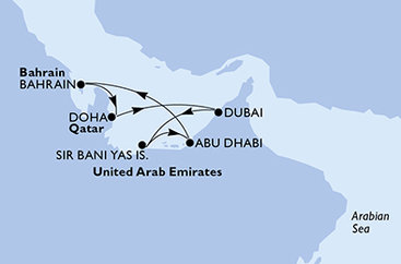 Spojené arabské emiráty, Bahrajn, Katar z Abu Dhabi na lodi MSC World Europa