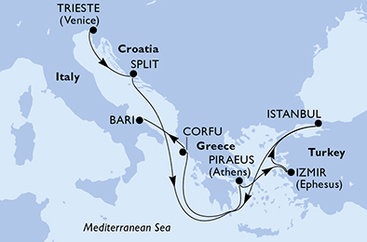 Itálie, Chorvatsko, Řecko, Turecko na lodi MSC Splendida