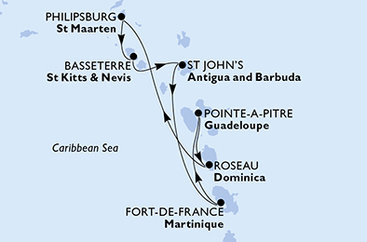Martinik, Guadeloupe, Dominika, Svatý Martin, Svatý Kryštof a Nevis, Antigua a Barbuda z Fort-de-France na lodi MSC Meraviglia