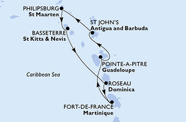 Guadeloupe, Antigua a Barbuda, Svatý Martin, Svatý Kryštof a Nevis, Dominika, Martinik z Pointe-à-Pitre na lodi MSC Meraviglia