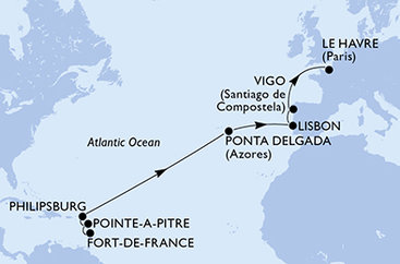 Martinik, Guadeloupe, Svatý Martin, Portugalsko, Španělsko, Francie z Fort-de-France na lodi MSC Meraviglia