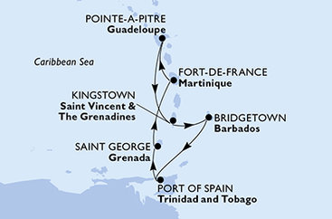Guadeloupe, Svatý Vincenc a Grenadiny, Barbados, Trinidad a Tobago, Grenada, Martinik z Pointe-à-Pitre na lodi MSC Meraviglia
