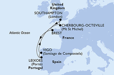 Velká Británie, Francie, Portugalsko, Španělsko ze Southamptonu na lodi MSC Meraviglia