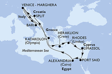 Itálie, Řecko, Kypr, Egypt, Chorvatsko z Marghery na lodi MSC Lirica