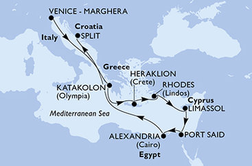 Itálie, Řecko, Kypr, Egypt, Chorvatsko z Marghery na lodi MSC Lirica
