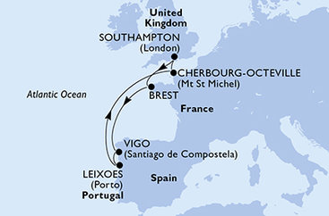 Velká Británie, Francie, Španělsko, Portugalsko ze Southamptonu na lodi MSC Meraviglia