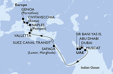 Spojené arabské emiráty, Omán, Egypt, Malta, Itálie z Dubaje na lodi MSC World Europa