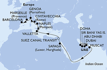 Katar, Spojené arabské emiráty, Omán, Egypt, Malta, Itálie, Francie, Španělsko z Dohy na lodi MSC World Europa