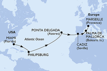 USA, Svatý Martin, Portugalsko, Španělsko, Francie z Miami na lodi MSC Seashore