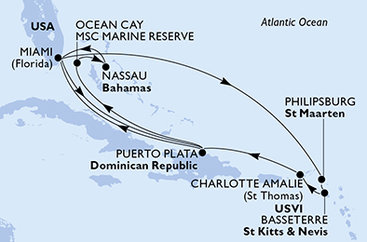 USA, Svatý Martin, Svatý Kryštof a Nevis, Dominikánská republika, Bahamy z Miami na lodi MSC Seashore