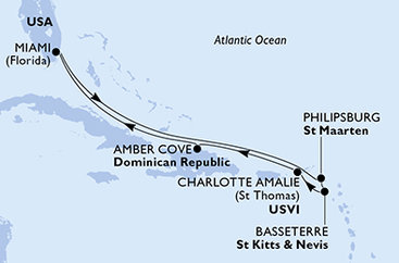 USA, Svatý Martin, Svatý Kryštof a Nevis, Dominikánská republika z Miami na lodi MSC Seashore