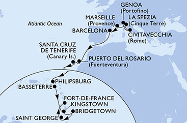 Itálie, Francie, Španělsko, Svatý Martin, Svatý Kryštof a Nevis, Svatý Vincenc a Grenadiny, Barbados, Grenada, Martinik z Janova na lodi MSC World Europa