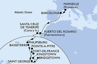 Francie, Španělsko, Svatý Martin, Svatý Kryštof a Nevis, Svatý Vincenc a Grenadiny, Barbados, Grenada, Martinik, Guadeloupe z Marseille na lodi MSC World Europa