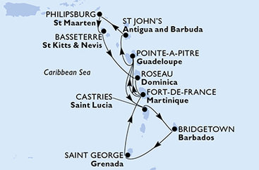 Barbados, Grenada, Martinik, Guadeloupe, Antigua a Barbuda, Svatý Martin, Svatý Kryštof a Nevis, Dominika, Svatá Lucie z Bridgetownu na lodi MSC World Europa