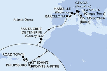 Guadeloupe, Svatý Martin, Britské Panenské ostrovy, Antigua a Barbuda, Španělsko, Francie, Itálie z Pointe-à-Pitre na lodi MSC World Europa