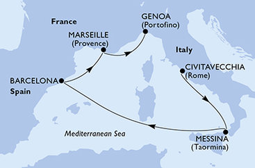 Itálie, Španělsko, Francie z Civitavecchia na lodi MSC World Europa