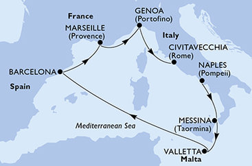 Itálie, Malta, Španělsko, Francie z Neapole na lodi MSC World Europa