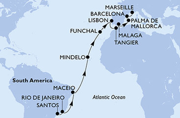 Brazílie, Kapverdy, Portugalsko, Maroko, Španělsko, Francie ze Santosu na lodi MSC Seaview