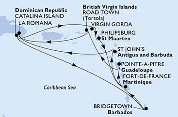 Dominikánská republika, Zámořské území Velké Británie, Svatý Martin, Martinik, Antigua a Barbuda, Barbados, Guadeloupe, Britské Panenské ostrovy z La Romany na lodi MSC Opera