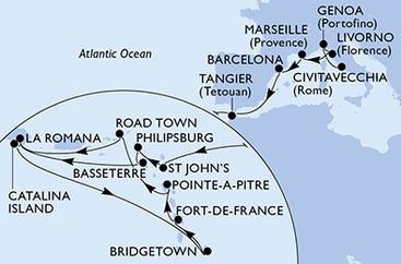 Itálie, Francie, Španělsko, Maroko, Antigua a Barbuda, Svatý Martin, Svatý Kryštof a Nevis, Dominikánská republika, Barbados, Martinik, Guadeloupe, Britské Panenské ostrovy z Civitavecchia na lodi MSC Opera