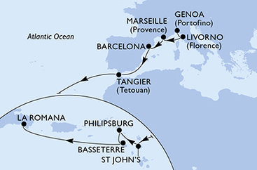 Itálie, Francie, Španělsko, Maroko, Antigua a Barbuda, Svatý Martin, Svatý Kryštof a Nevis, Dominikánská republika z Janova na lodi MSC Opera