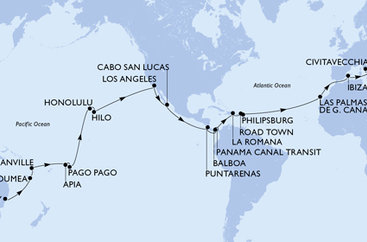 Austrálie, Nová Kaledonie, Vanuatu, Samoa, Americká Samoa, USA, Mexiko, Kostarika, , Panama, Dominikánská republika, Britské Panenské ostrovy, Svatý Martin, Španělsko, Itálie ze Sydney na lodi MSC Magnifica