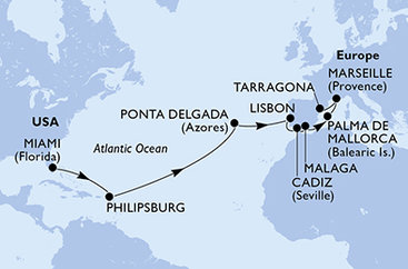 USA, Svatý Martin, Portugalsko, Španělsko, Francie z Miami na lodi MSC Meraviglia