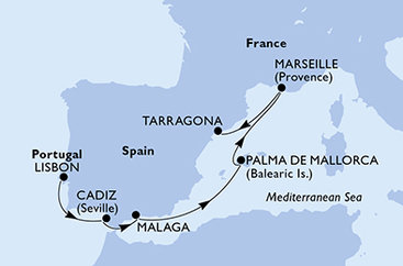 Portugalsko, Španělsko, Francie z Lisabonu na lodi MSC Meraviglia