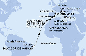 Brazílie, Španělsko, Maroko, Itálie ze Salvadoru na lodi MSC Divina