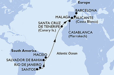 Brazílie, Španělsko, Maroko ze Santosu na lodi MSC Divina
