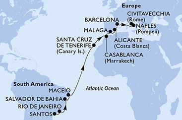 Brazílie, Španělsko, Maroko, Itálie ze Santosu na lodi MSC Divina