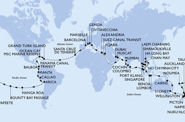 Francie, Španělsko, Zámořské území Velké Británie, Bahamy, Panama, , Ekvádor, Peru, Chile, Francouzská Polynésie, Tonga, Nová Kaledonie, Nový Zéland, Austrálie, Indonésie, Vietnam, Thajsko, Kambodža, Singapur, Malajsie, Srí Lanka, Indie, Spojené arabské emiráty, Omán, Jordánsko, Egypt, Itálie z Marseille na lodi MSC Magnifica