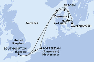 Velká Británie, Dánsko, Nizozemsko ze Southamptonu na lodi MSC Meraviglia