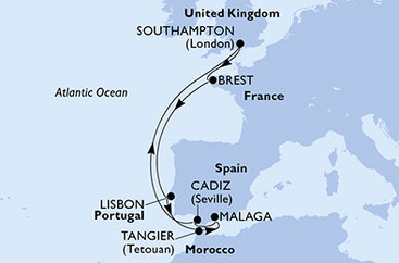 Velká Británie, Francie, Portugalsko, Maroko, Španělsko ze Southamptonu na lodi MSC Meraviglia