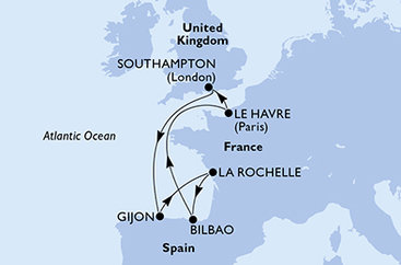 Velká Británie, Španělsko, Francie ze Southamptonu na lodi MSC Meraviglia