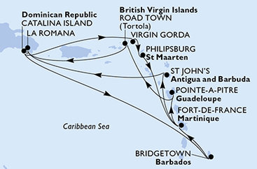 Dominikánská republika, Barbados, Martinik, Guadeloupe, Britské Panenské ostrovy, Zámořské území Velké Británie, Svatý Martin, Antigua a Barbuda z La Romany na lodi MSC Opera