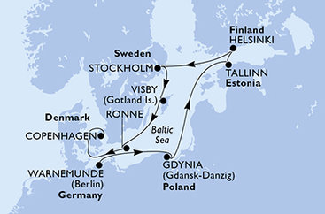 Německo, Polsko, Estonsko, Finsko, Švédsko, Dánsko z Warnemünde na lodi MSC Splendida